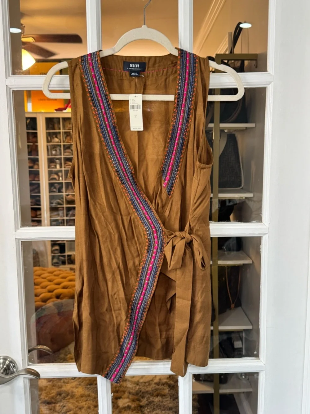 👜🌺🔅 Anthropologie Maeve Brown Embroidered Wrap Tank with Pink & Blue Trim 🔅🌺👜